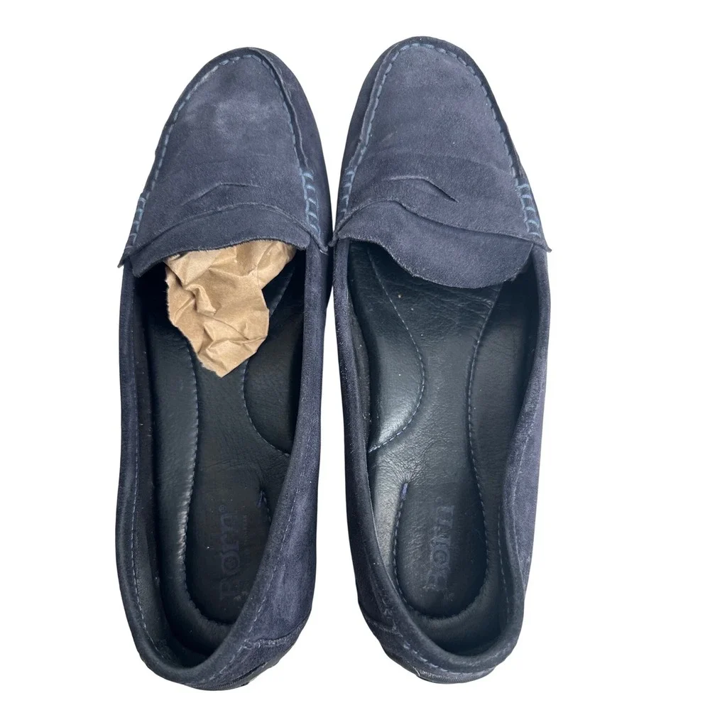 BORN Suede Driving Mocs Women's Size 9.5 Navy Blue‎ Penny Loafers Flats Finley